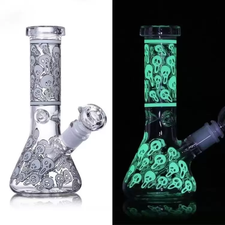 7.8 Inch Glow in the Dark Skull Sticker Glass Bong with Bowl for Smoking Hookah Water Pipe
