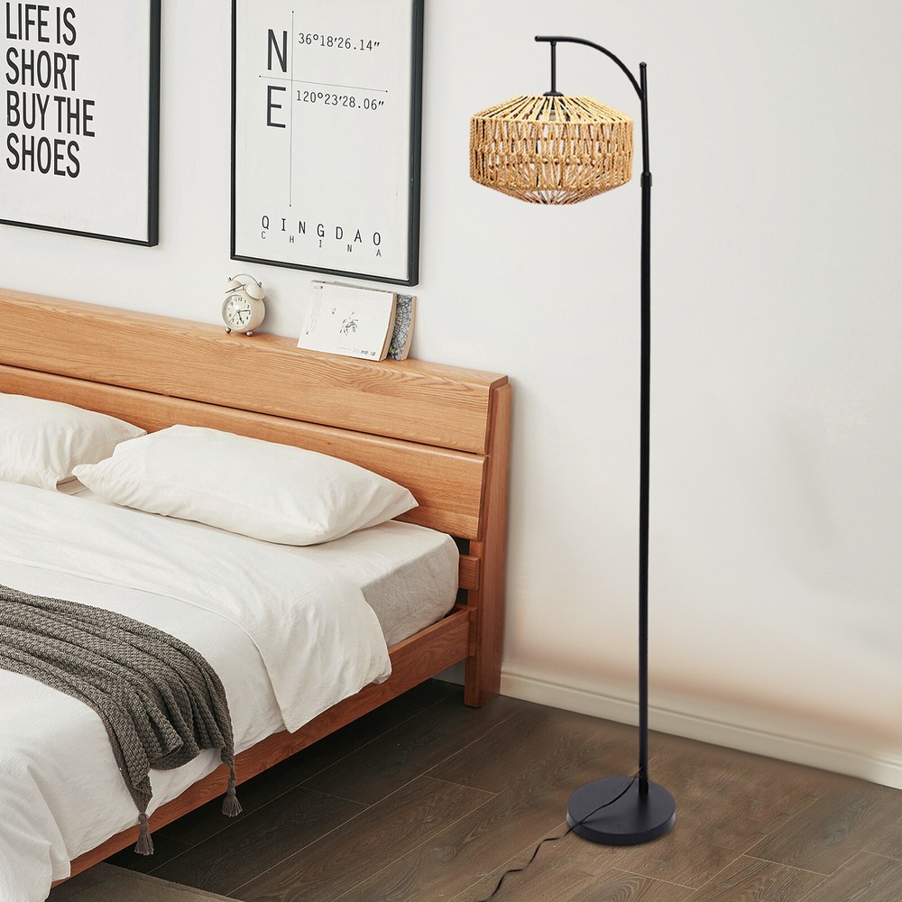 Floor Lamp for Living Room, Bohemian Rattan Floor Lamp with Rattan Lampshade