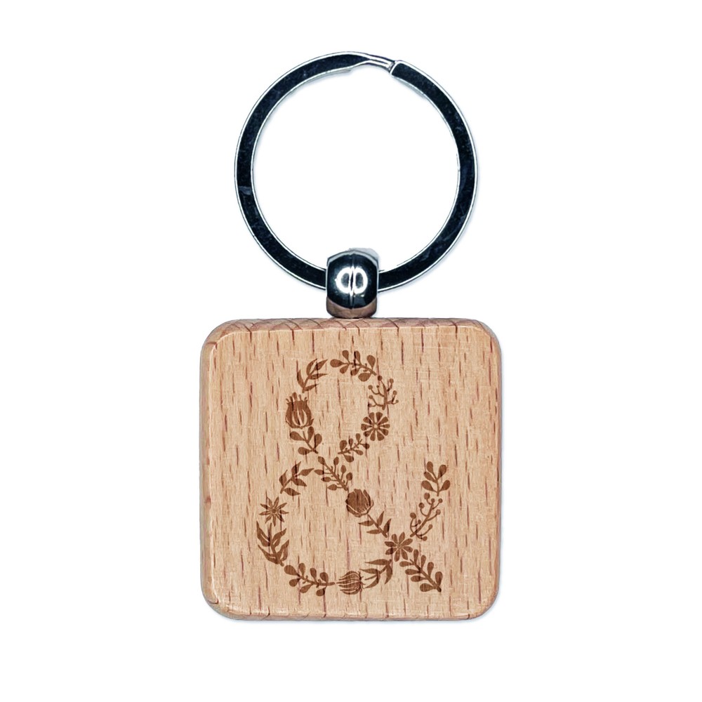 Elegant Floral Ampersand Engraved Wooden Square Keychain Charm  
