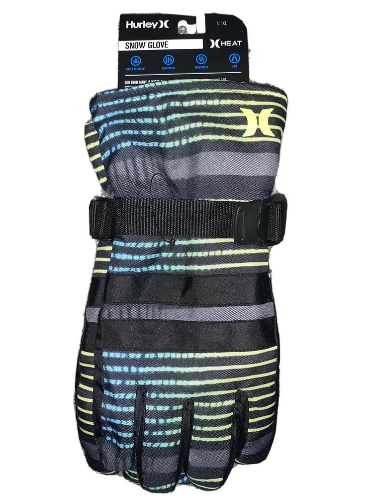 HURLEY Heat Block Water Resistant Black Stripes Snow Gloves Size L/XL Snowboard