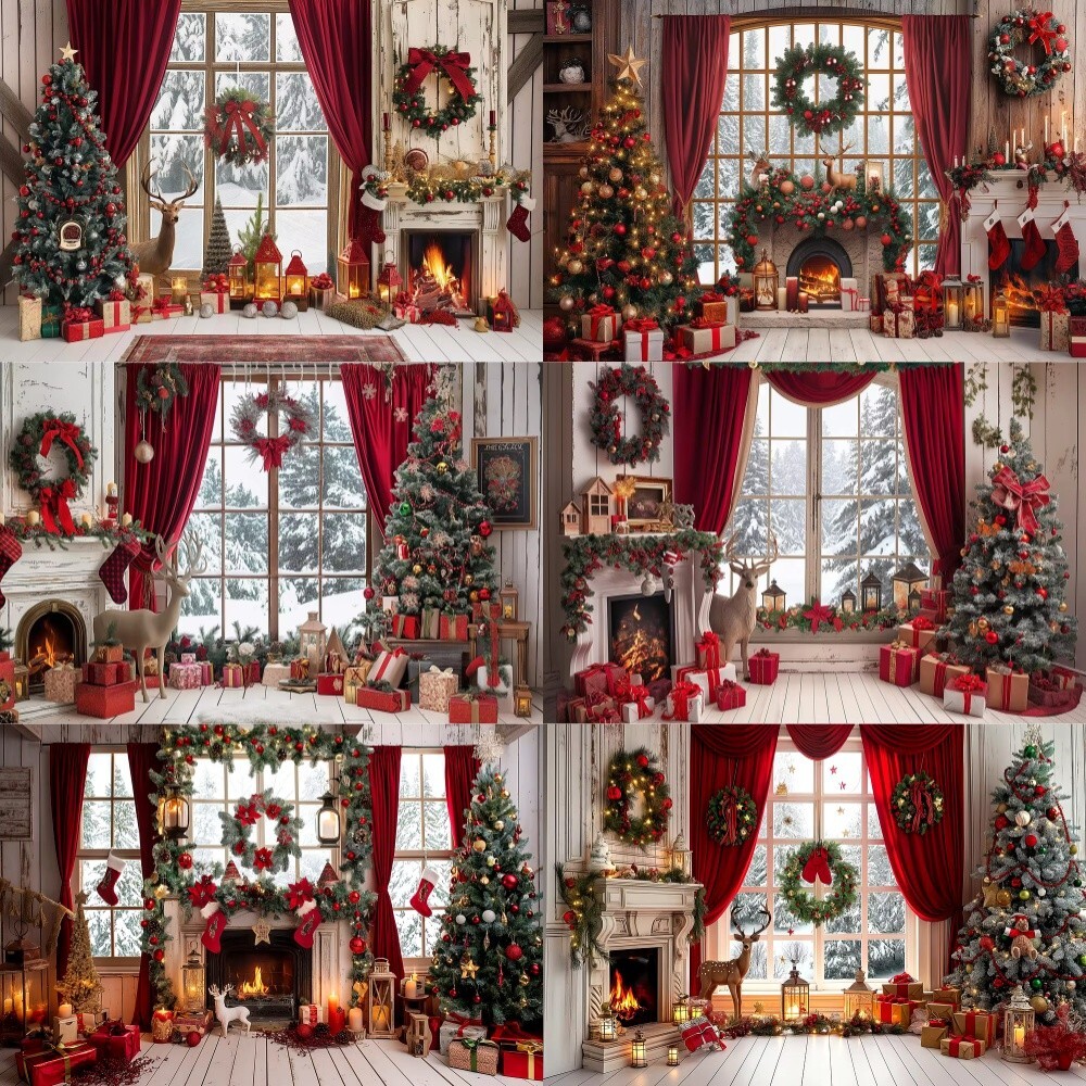 Merry Christmas Backdrop Photography Winter Wood Window Door Xmas Tree Backgroun
