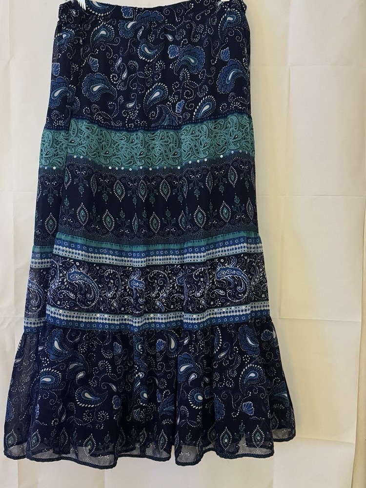 JM Collection Blue Green Floral Skirt Size 16 Maxi Sheer Lined Peasant W Beads