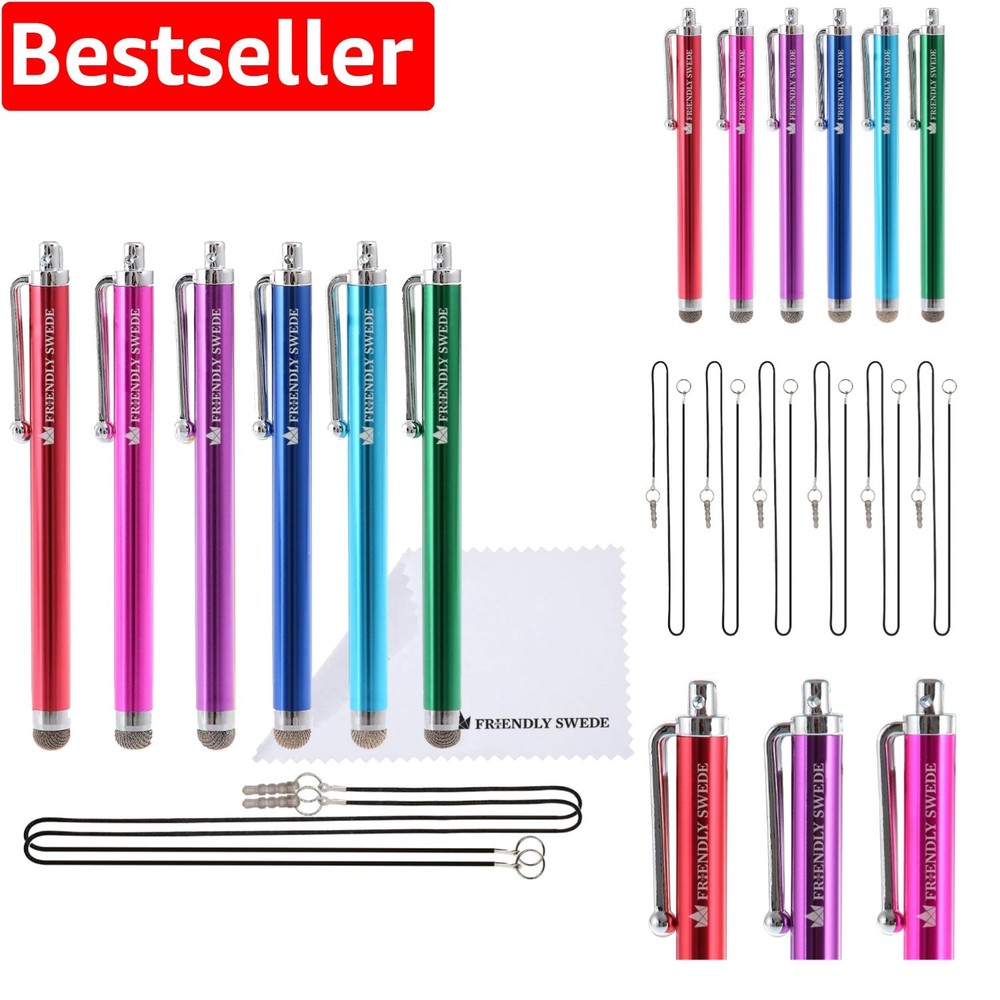 Universal Capacitive Stylus Pen 6-Pack with Lanyard & Cleaning Cloth