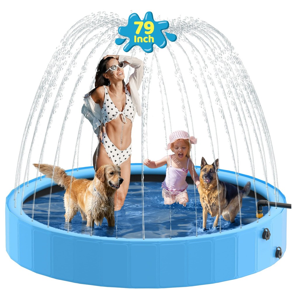 79-Inch Foldable Dog Pool with Built-In Sprinkler for Large Dogs, 2-in-1 Cooling Play Pool