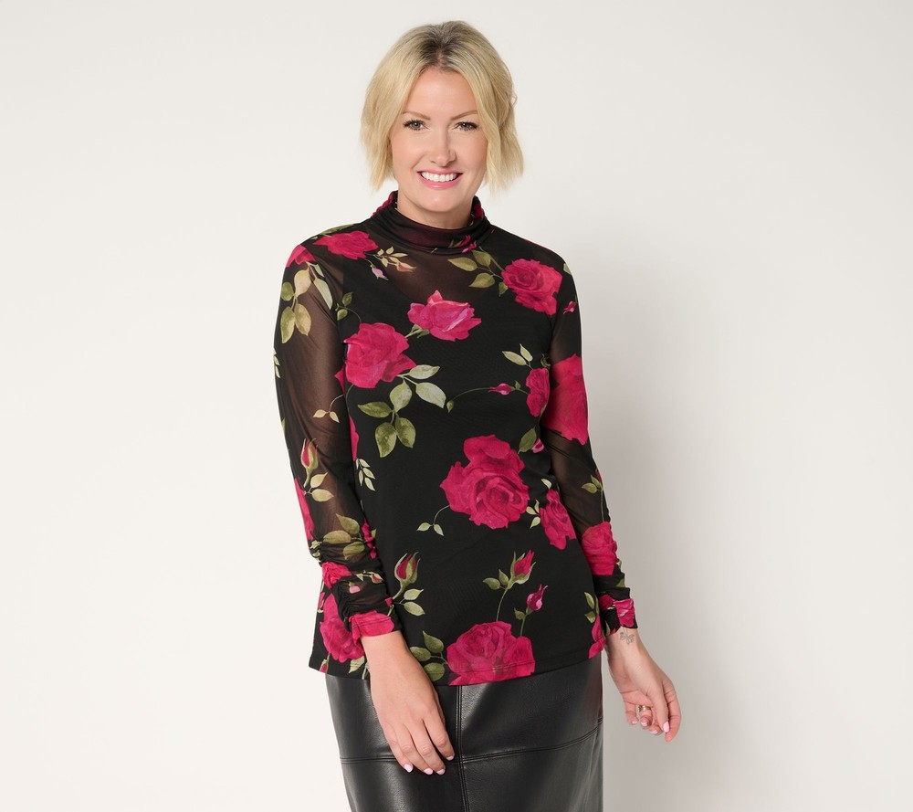 Susan Graver Printed Mesh Ruched Mock Neck Top with Tank Scarlet/Black 1X New