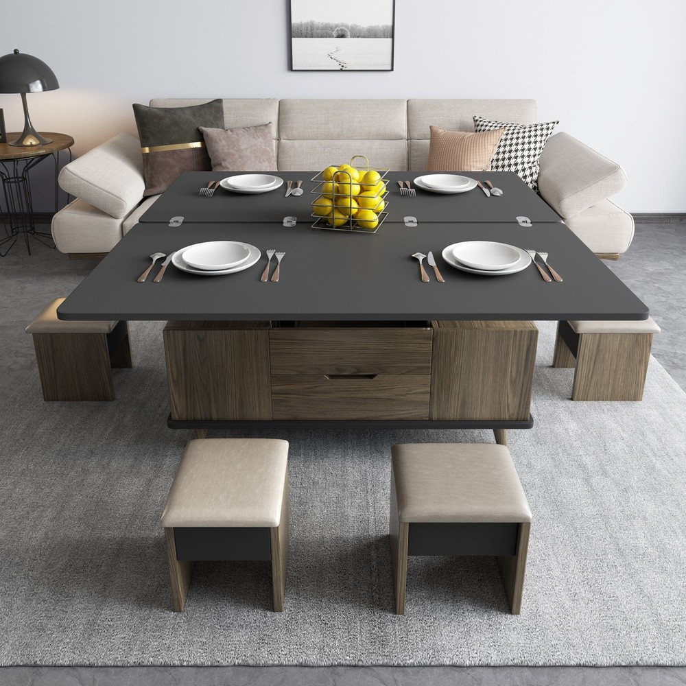 3 in-1 Multi-Function Lift Top Coffee Table Grey Coffee Table with 4 Stools