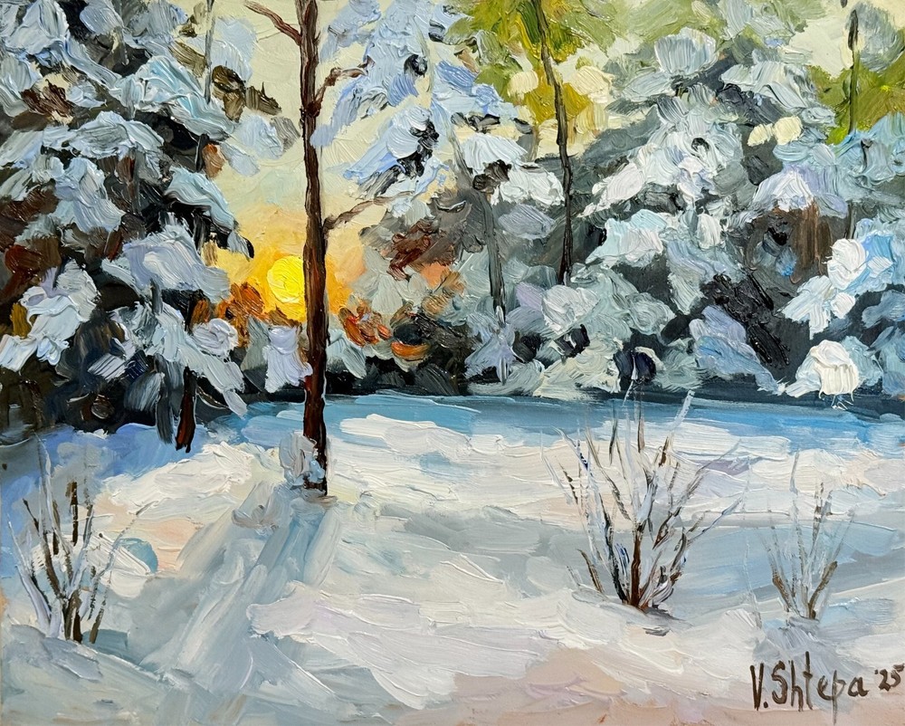 Original Oil Painting Winter Sunset Landscape Forest Impressionism Art Signed