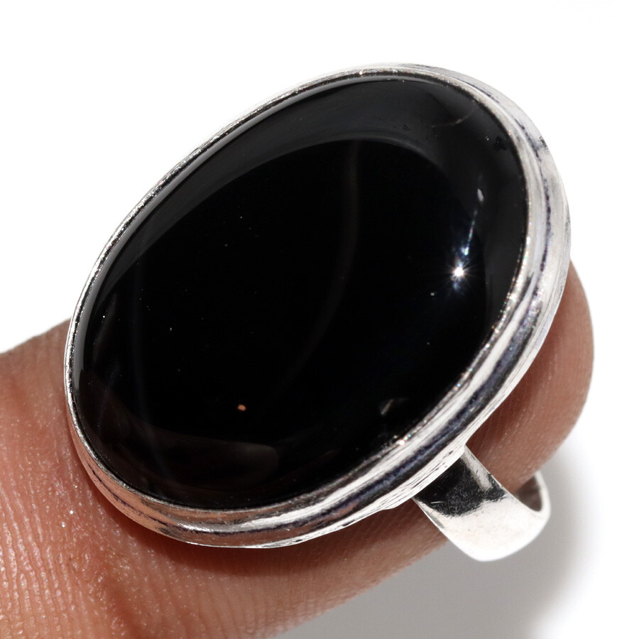 Black Onyx 925 Silver Plated Gemstone Ring US 7.5 Well Made Gift JW
