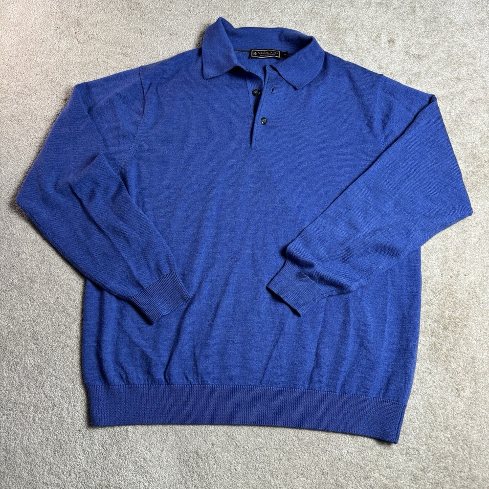 Patrick James Mens Polo Sweater Long Sleeve 100% Merino Wool Large Blue