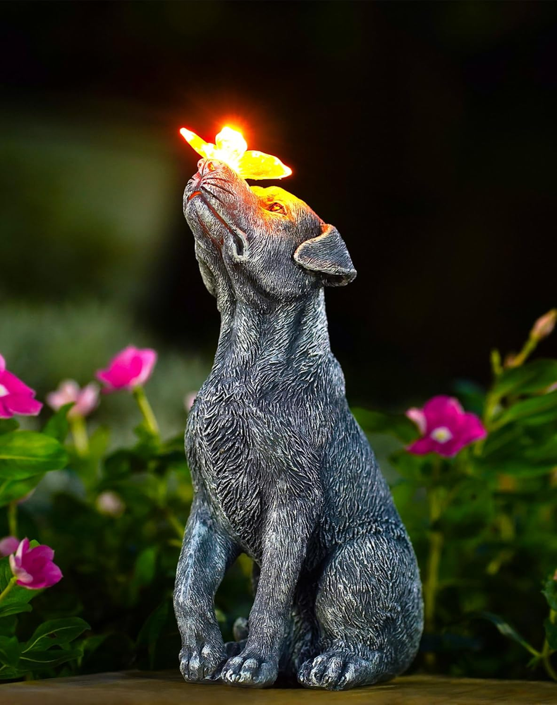 Solar Dog Statue with Butterfly Light - Outdoor Garden Gift for Dad Mom Guests