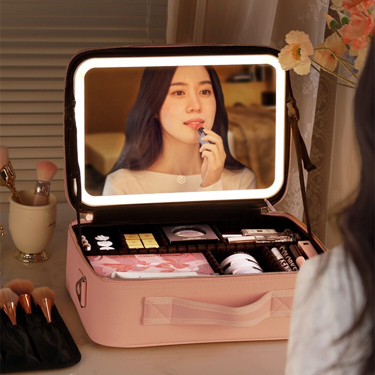 Professional Makeup Bag with LED Mirror Storage Organizer Cosmetic Travel Bag