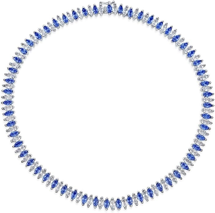 45ct Marquise Simulated Blue Sapphire/CZ Tennis Necklace 14k White Gold Plated