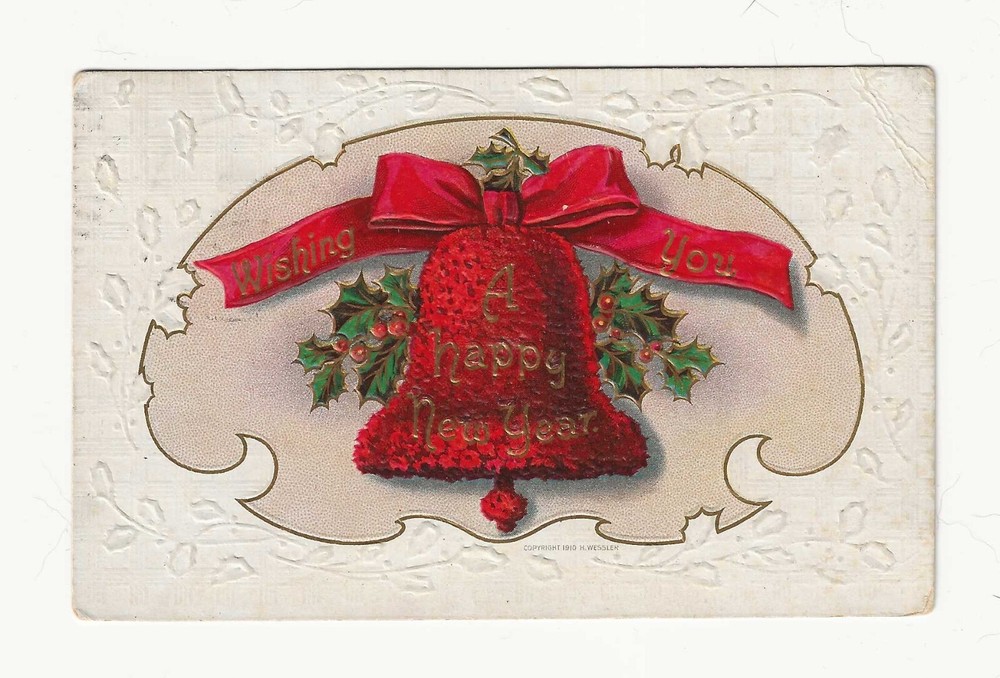 Vintage NEW YEAR Postcard ** Big Red Bell * Embossed *Gilded-image