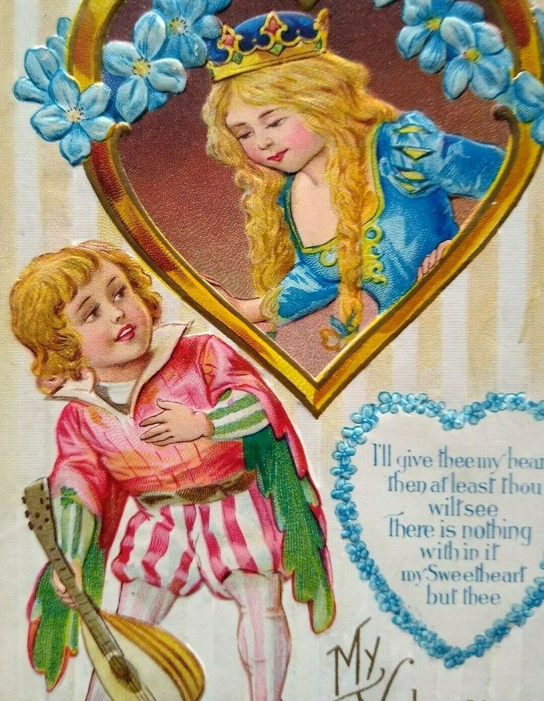 Victorian Valentine Postcard Nash Princess with Lute Guitar Player on Striped Background  