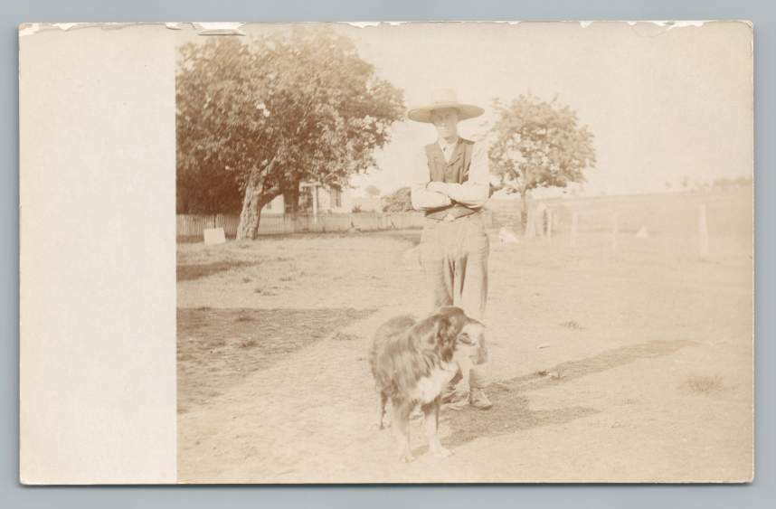 Man Walking Dog in Broad Brim Hat RPPC Antique Real Photo Postcard 1910s