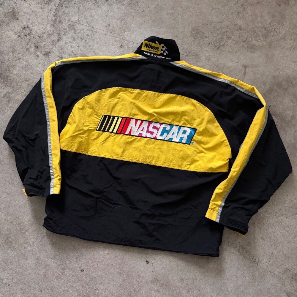 Vintage 90s NASCAR Nikon Racing Jacket Black Full Zip Windbreaker Mens XL