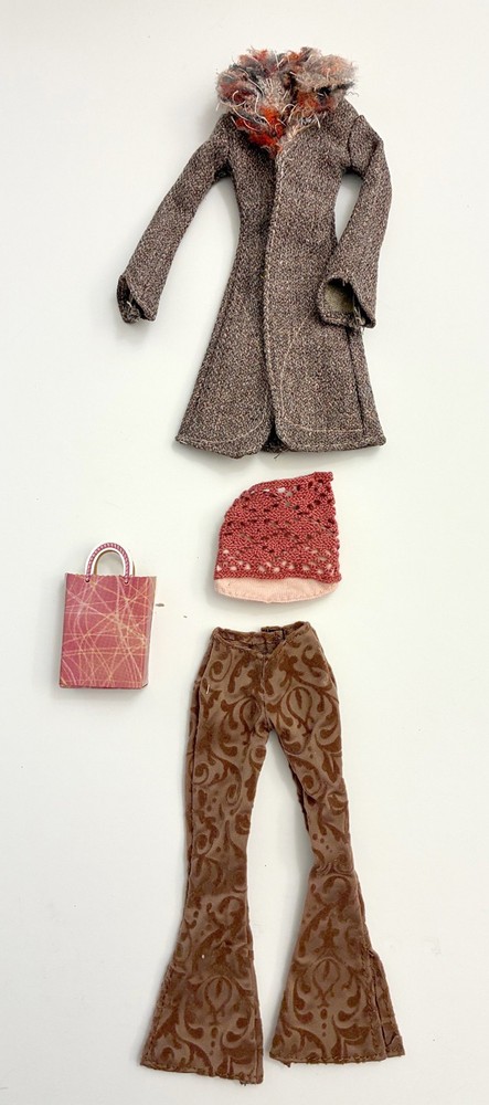 Barbie Fashion Fever My Scene Faux Whisker Fur Long Brown Tweed Coat and Outfit