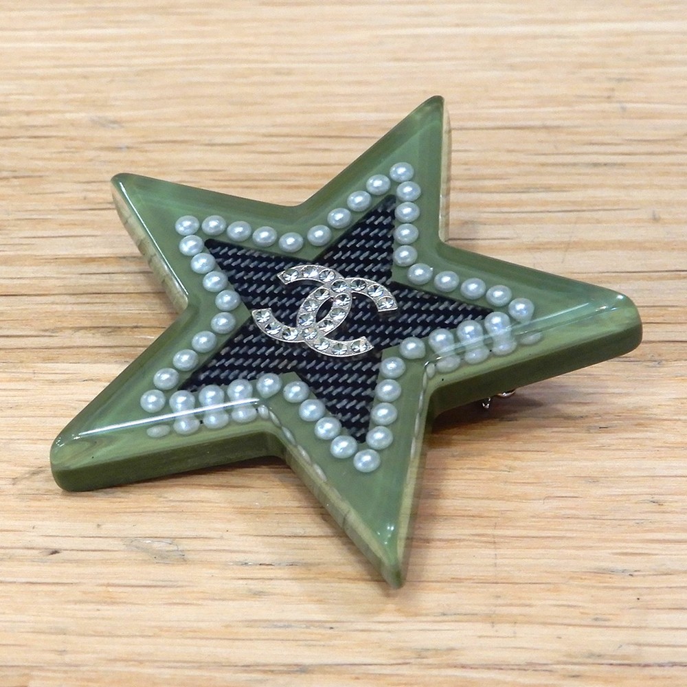 Chanel Star Brooch with Resin Coco Mark in Khaki 17C 639510