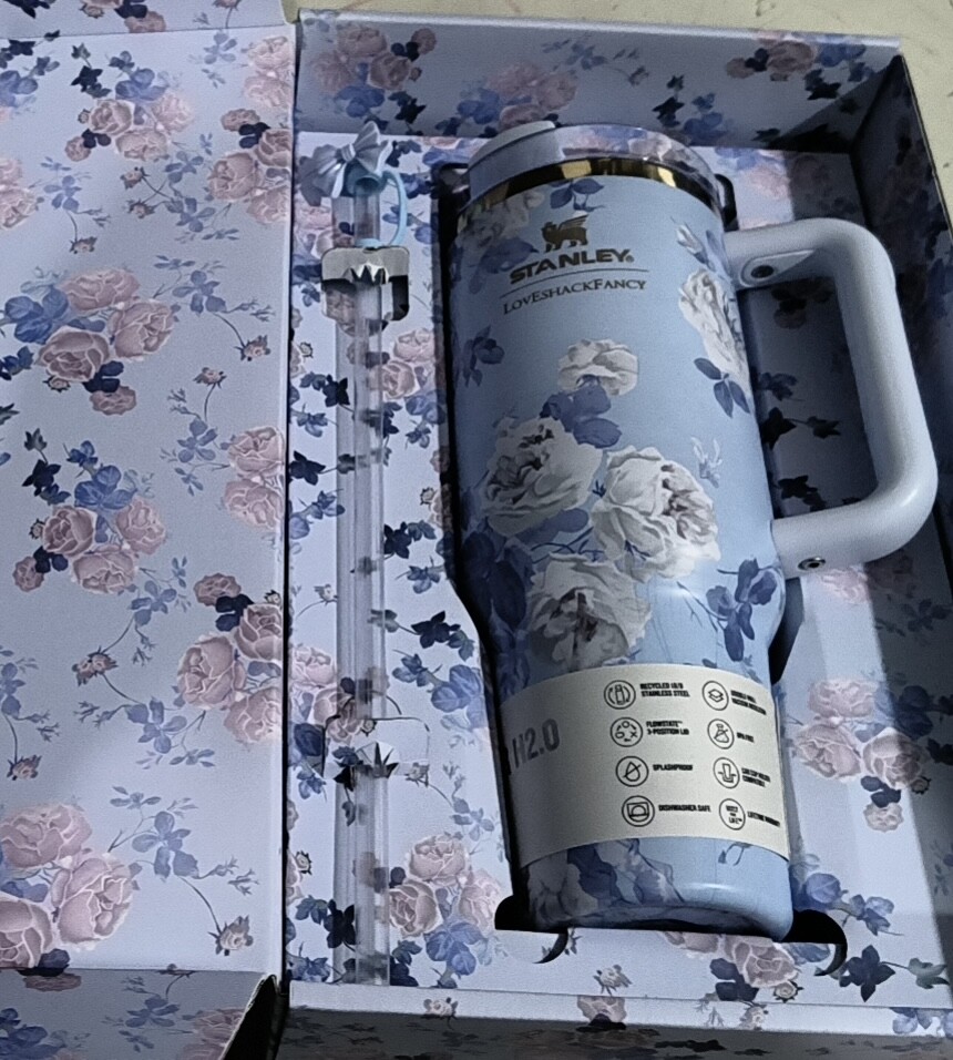 Love Shack Fancy Quencher Tumbler 40 oz H2.0 Stainless Blue Valentine's Cup ~.