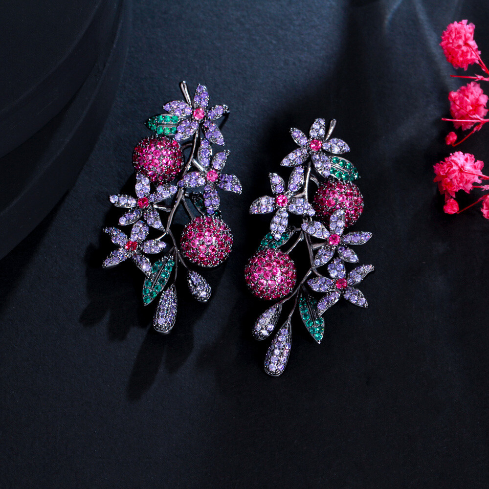 Unique Purple Red CZ Women Big Long Drop Flower Leaf Earrings Black Gun Jewelry