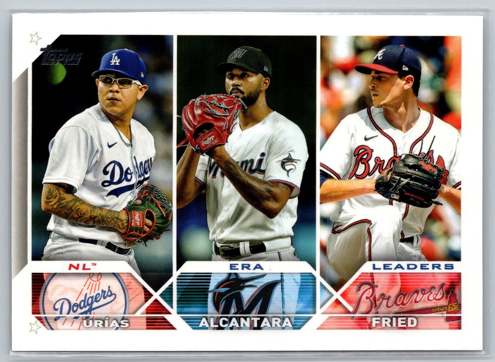 2023 Topps NL ERA Leaders Julio Urias Sandy Alcantara Max Fried Baseball Card