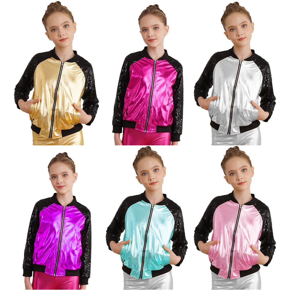 US Girl Boys Sparkly Metallic Bomber Flight Jacket Hip-Hop Jazz Disco Dance Coat