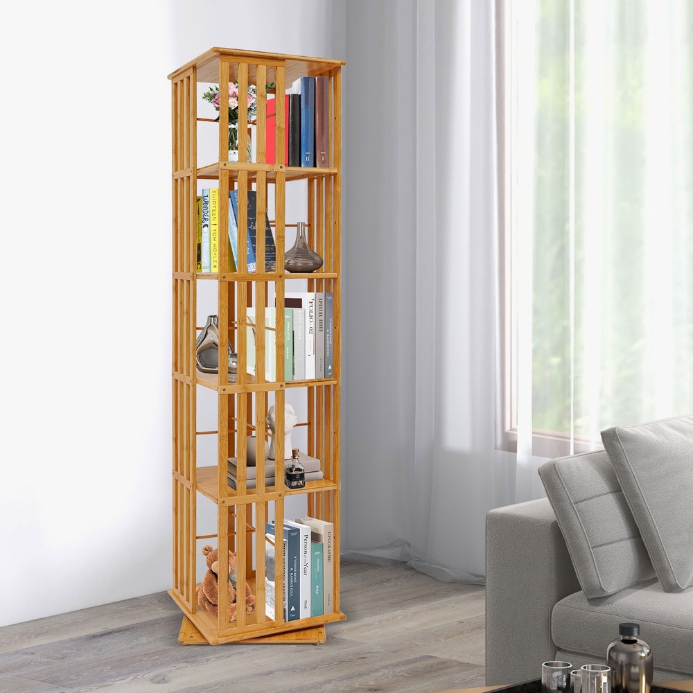 5-Tier Rotating Bookshelf Tower Study Room Bamboo Bookcase Storage Display Rack