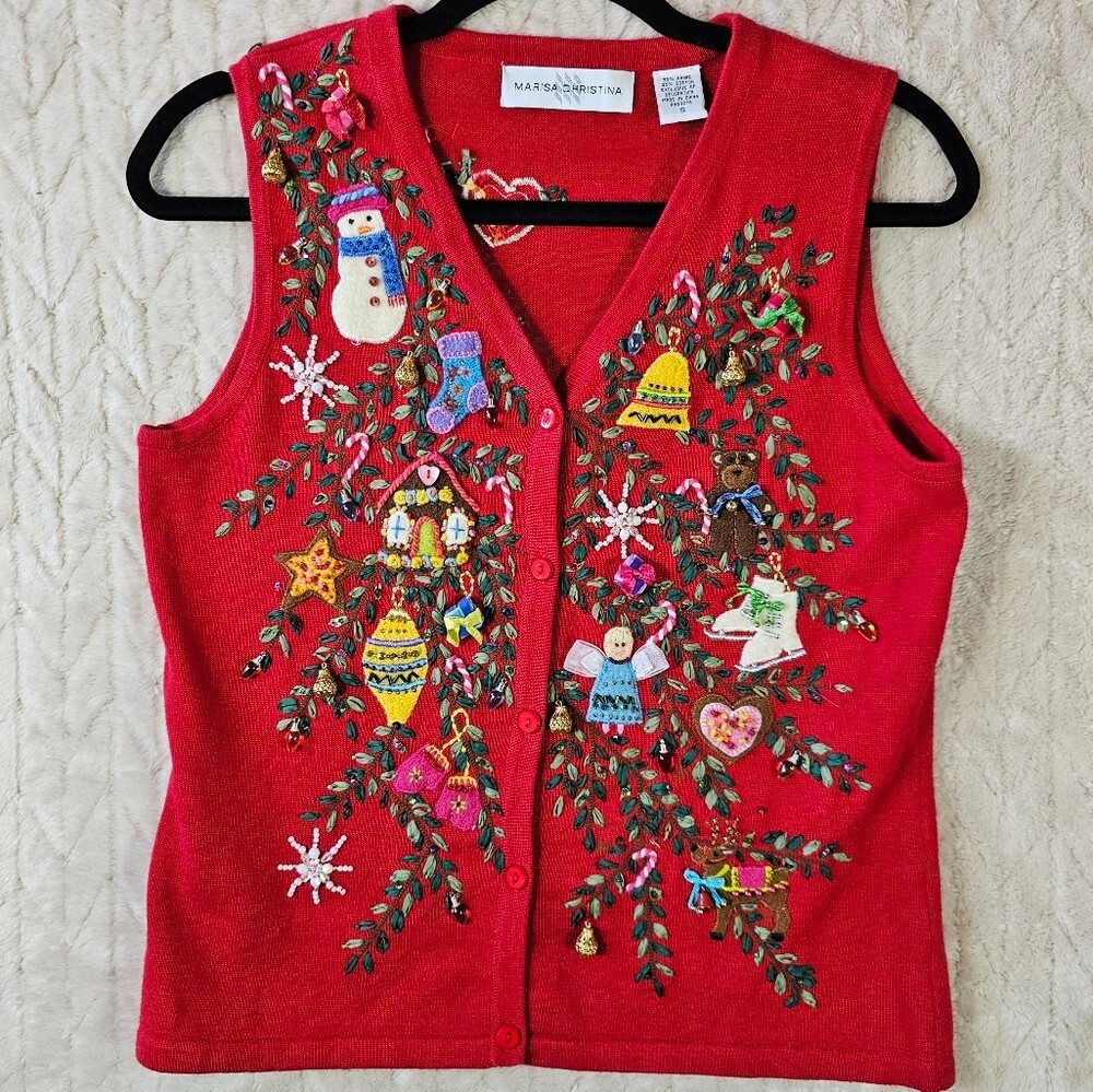 Vintage Marisa Christina Embroidered Christmas Sweater Vest for Women Size Small with Festive Ornaments  