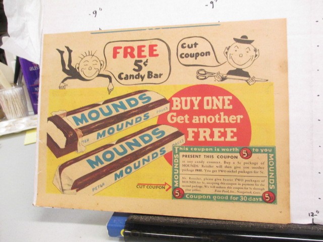 1937 MOUNDS candy bar newspaper ad with 5-cent coupon by Peter Paul Inc HT-image