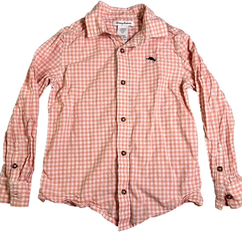 Tommy Bahama Button Up Shirt Boys M 7/8 Pink White Plaid Occasion Wedding Photos