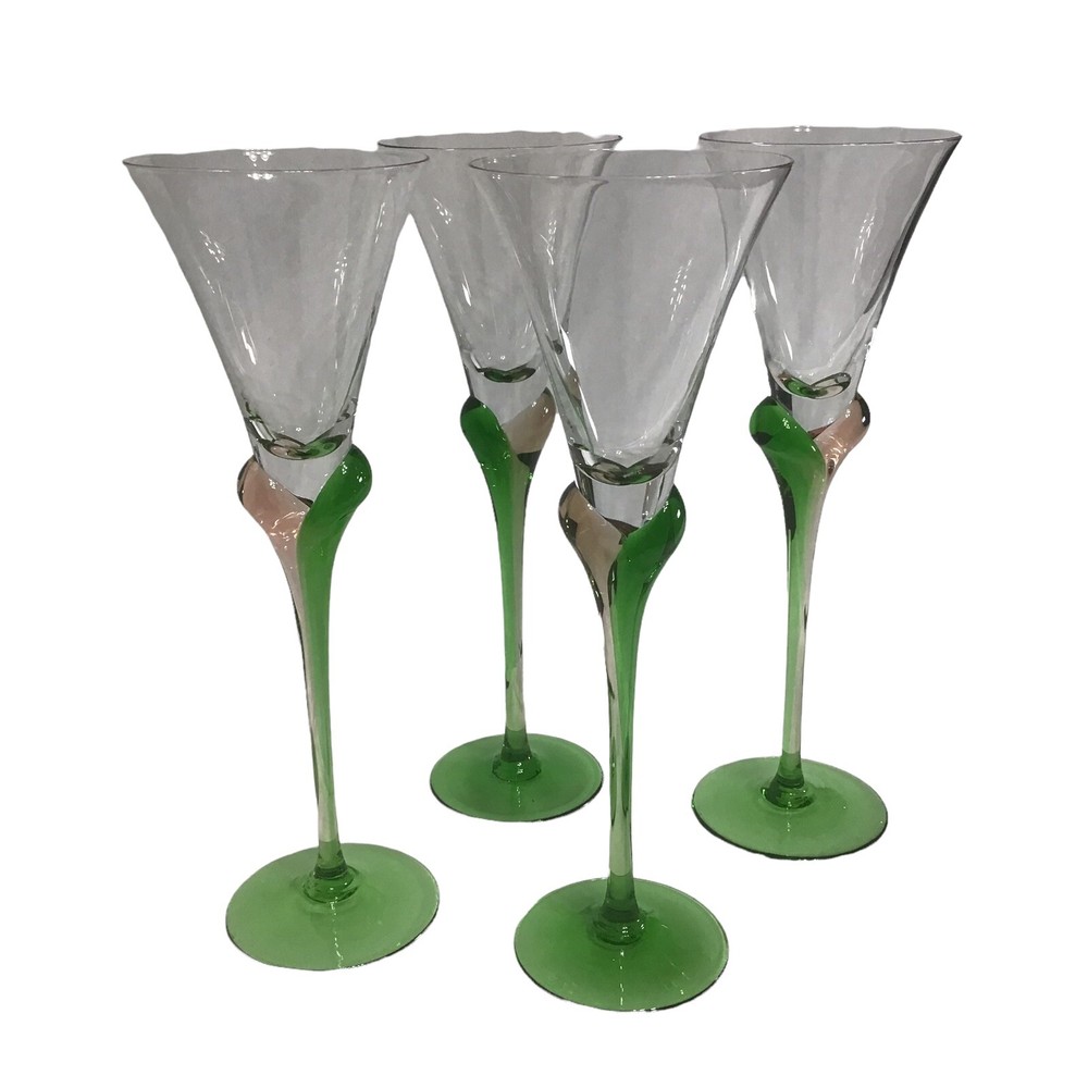VTG ROSENTHAL Crystal Calla Lily Tulip Flute Wine Glasses Green Pink Set 4 READ