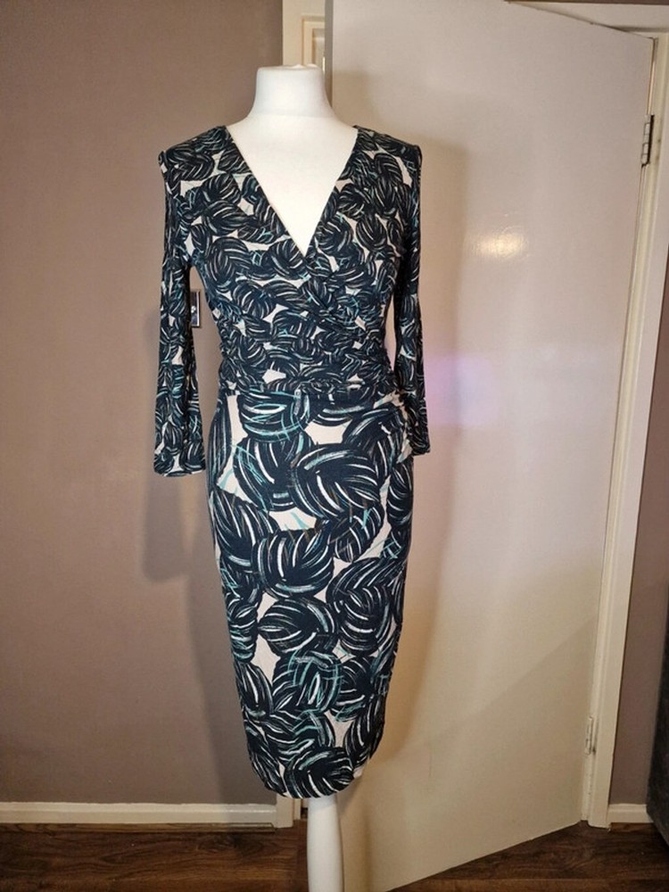 Phase Eight Green Cream Palm Leaf Wrap Midi Dress Size 8