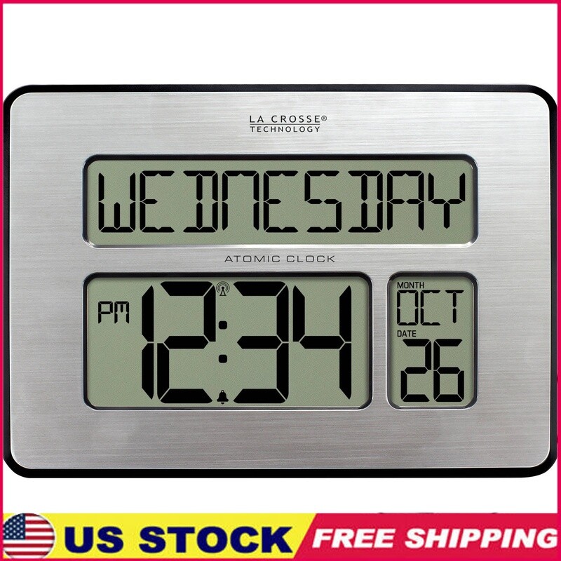 Atomic Digital Wall Clock with Extra Large Self-Setting Alarm Display