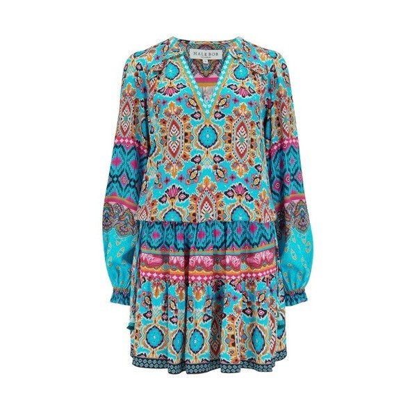 Hale Bob Dress Women's Size Extra Small Turquoise Patterned Oona Long Sleeve