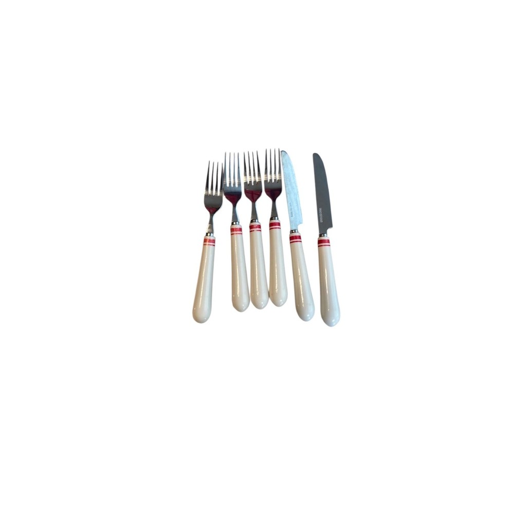 Vintage Cream Handle Cutlery Set with Red Stripe Retro Forks Knives Kitchenware