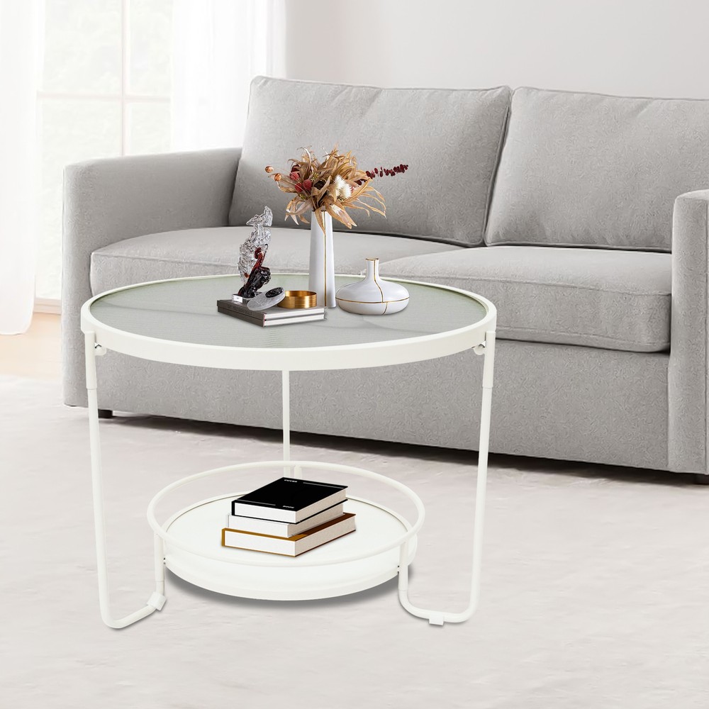 Modern 2-Tier Round Glass Coffee Table with White Frame for Sofa or Bedroom