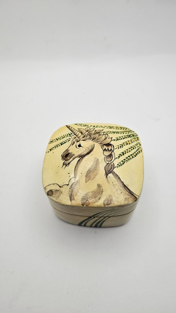Rare Handcrafted Kashmir Wooden Unicorn Ivory Black Painted Box