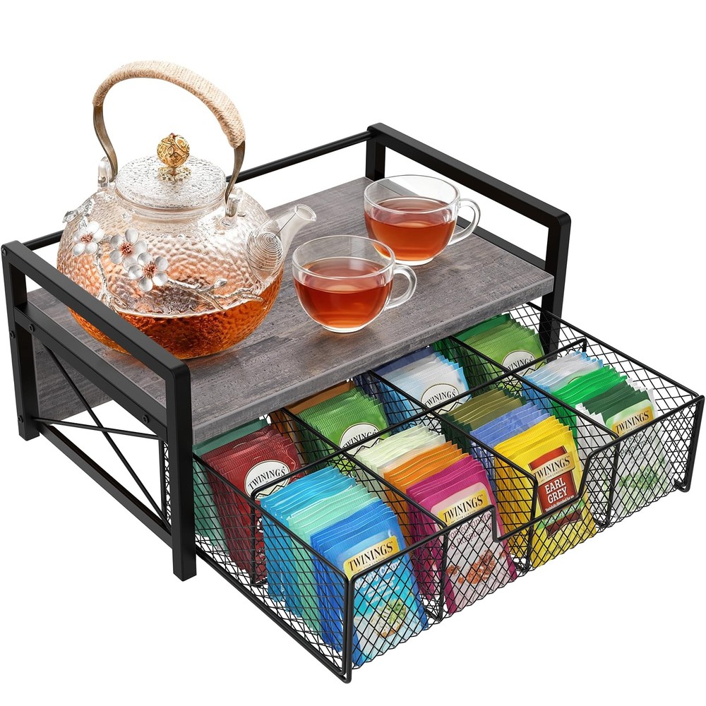 Tea Bag Organizer, Wood Tea Box Organizer with 8 Compartments & Drawer, Teaba...