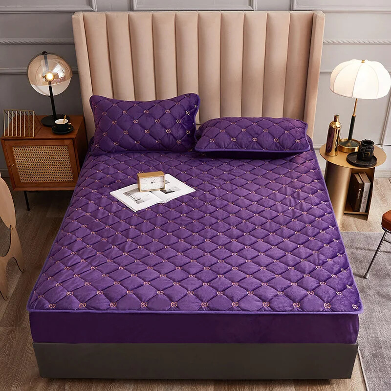 Embroidery Mattress Cover Thicken Soft Velvet Quilted Protector Fitted Sheets