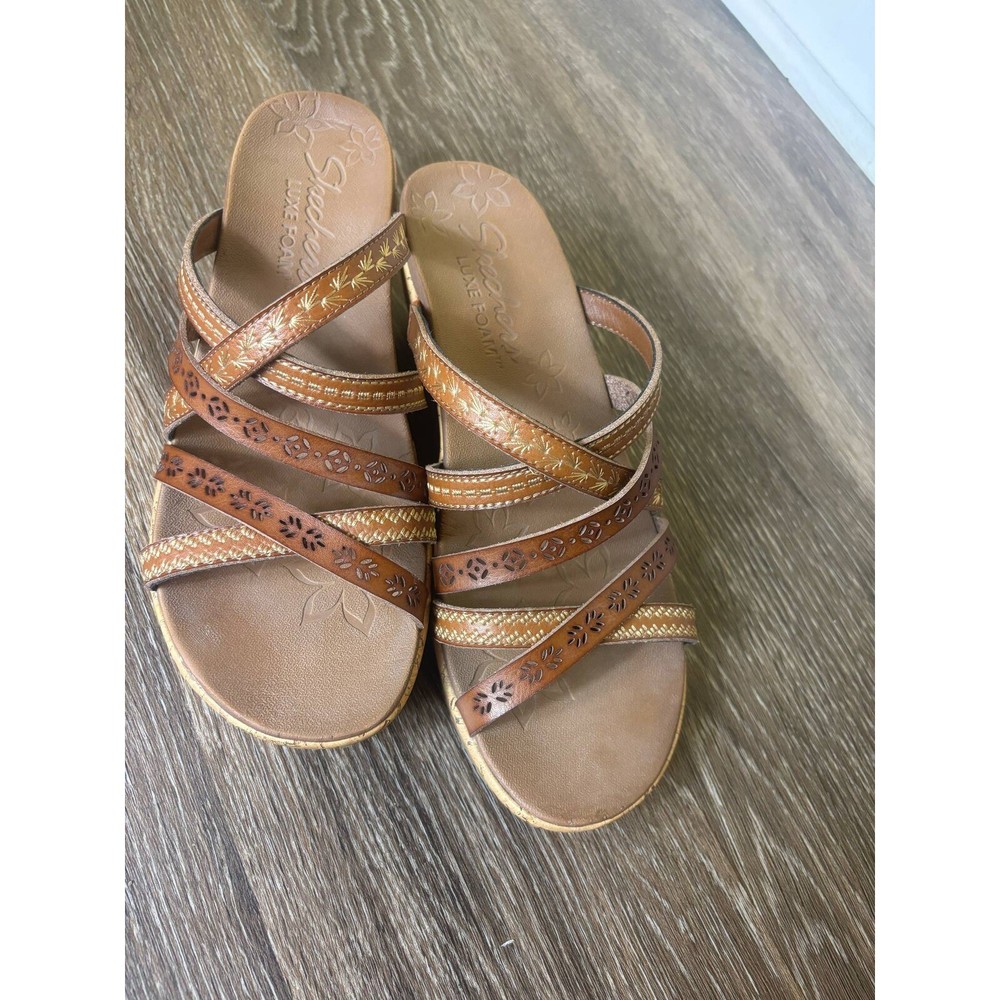 Skechers Luxe Foam Wedge Sandals Brown Strappy Comfort Slides Size 7 Women