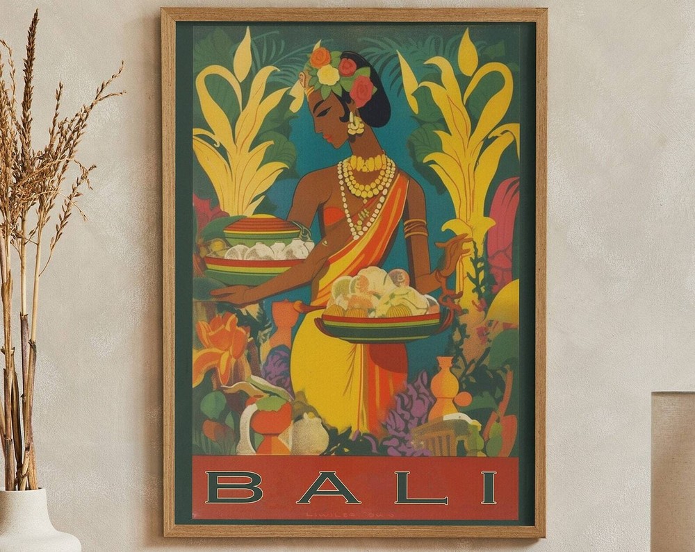 Vintage Art Deco Travel Poster Bali Indonesia Artwork Print At Home Wall Art