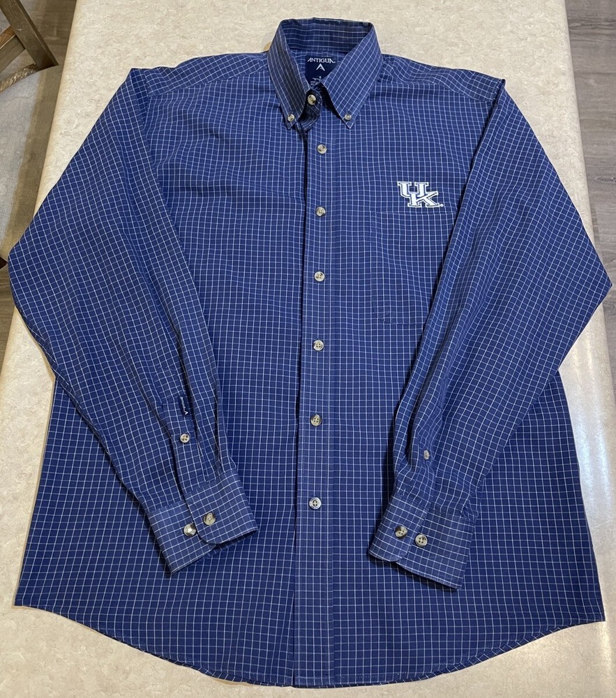 Antigua University Of Kentucky Button Down Dress Shirt Sz Small Plaid Blue