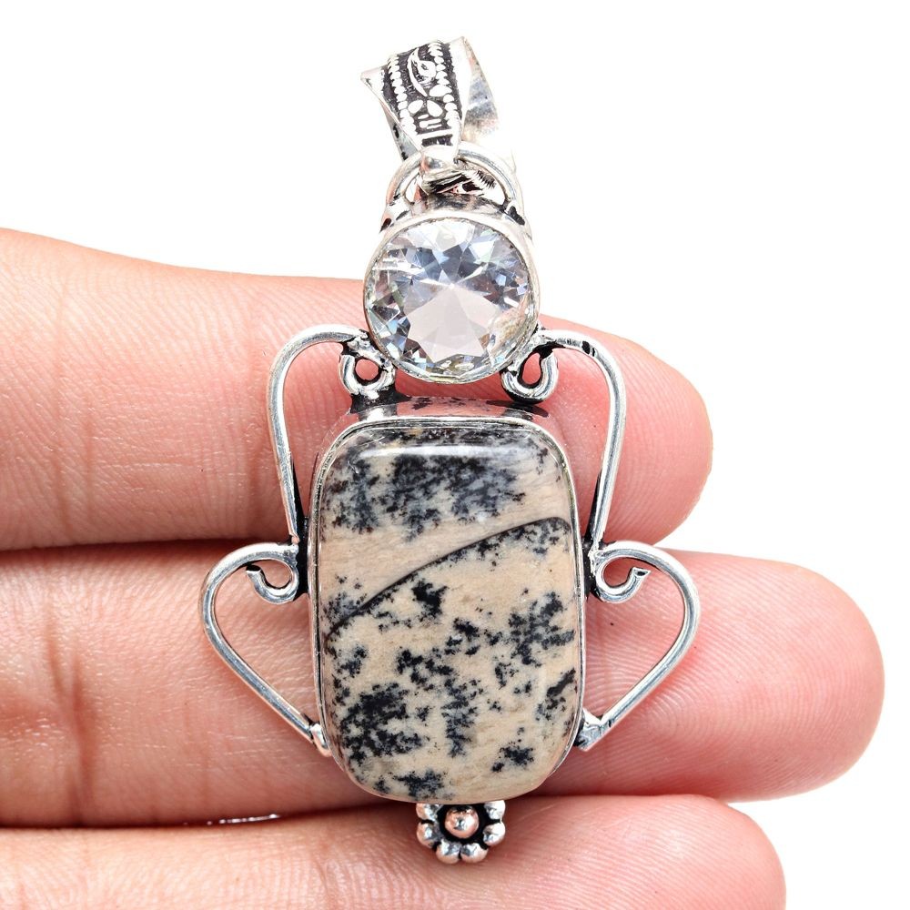 Handmade Silver Pendant with Dendritic Opal Gemstone 2.25 Inches