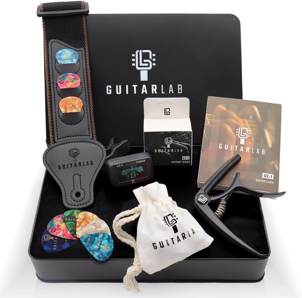 Guitar Accessories Kit by Guitar Lab – Premium Metal Tin with Guitar Strap, Capo