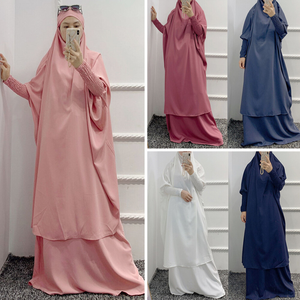 Ramadan Women Overhead Khimar Prayer Dress 2 Piece Set Muslim Burqa Robe Arab