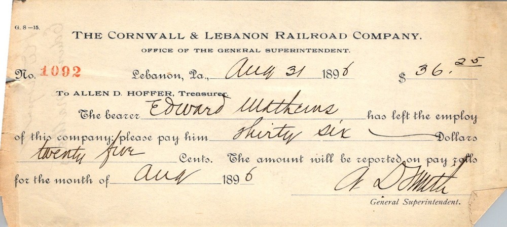 1896 Cornwall & Lebanon Railroad Final Pay Voucher Pennsylvania-image