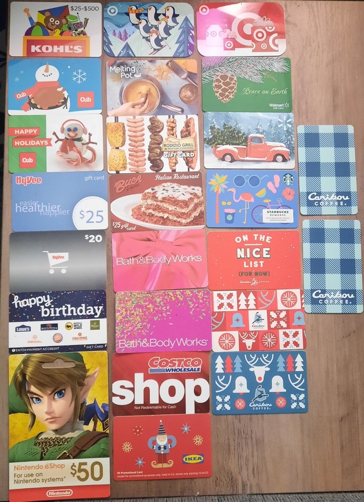 No Value gift card lot CARIBOU STARBUCKS NINTENDO BATH BODY WORKS CHRISTMAS TARG