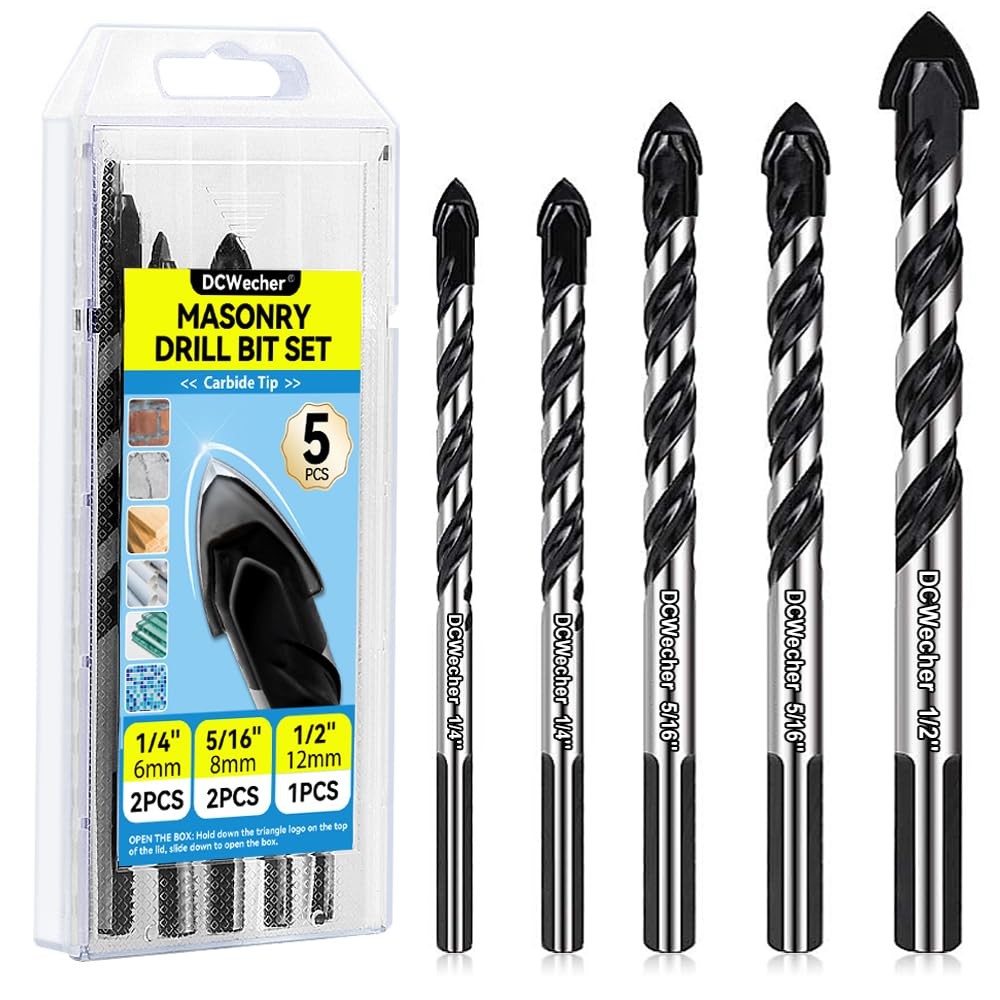 5PCS Masonry Concrete Drill Bit Set Carbide Tip Brick Tile 1/4 5/16 1/2