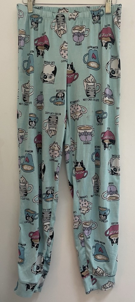 Women's Cute Cats Coffee Elastic Waist Pull On Jogger Pajama Pants Aqua Small