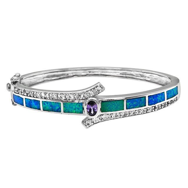 Amethyst & Australian Opal Inlay 925 Sterling Silver Bangle Bracelet ,OB3